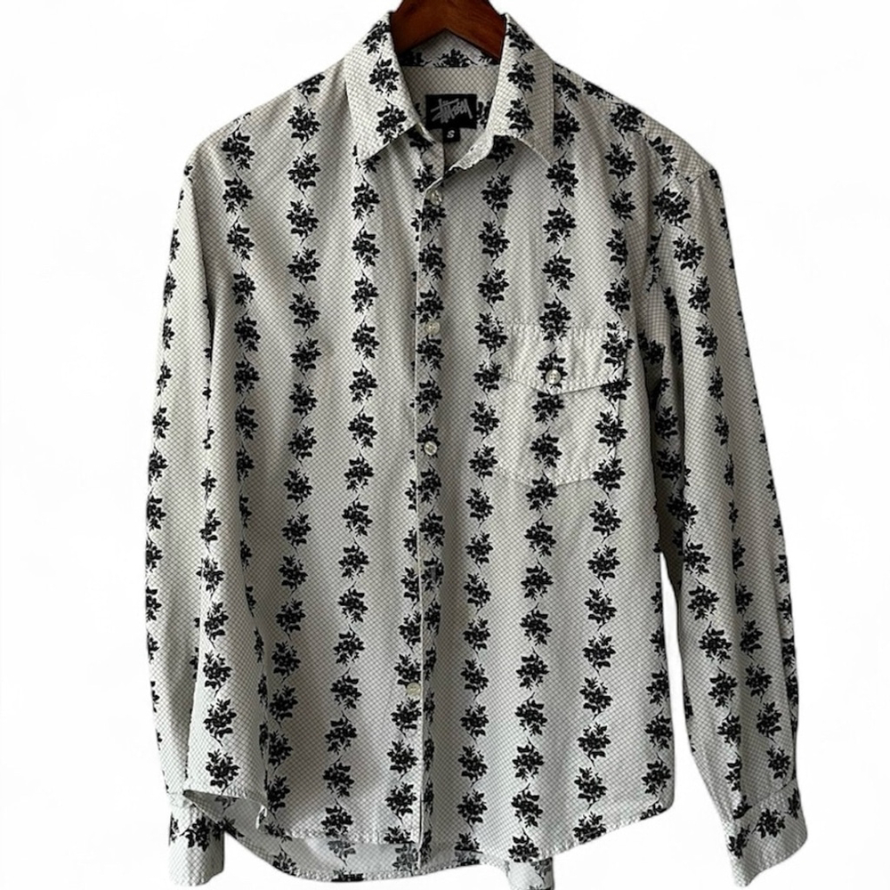 VTG Stüssy White & Black Patterned Button Down Long Sleeve Shirt sz small